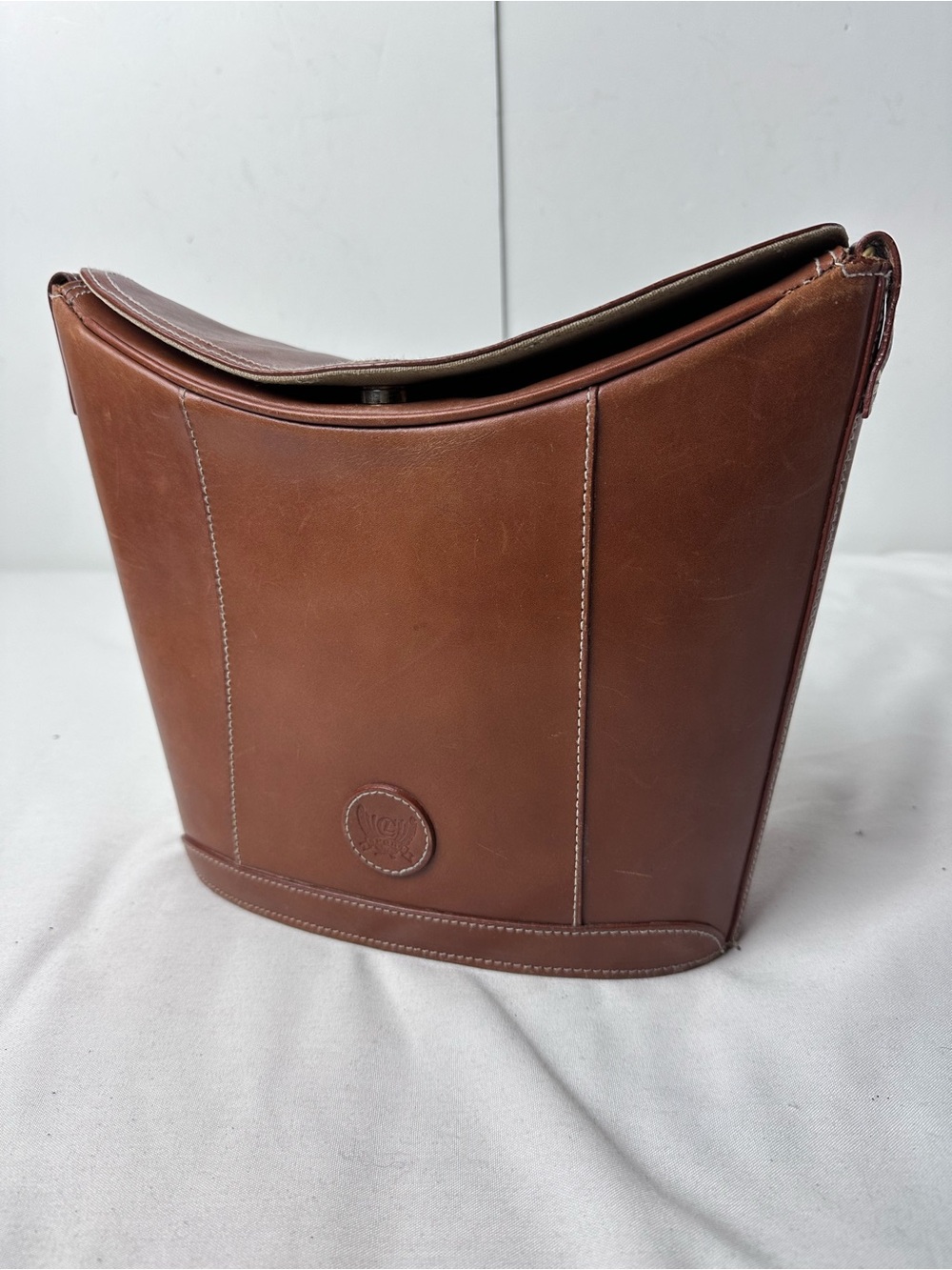 vintage Liz Claiborne brown leather bucket bag, likely from the 1980s or 1990s.